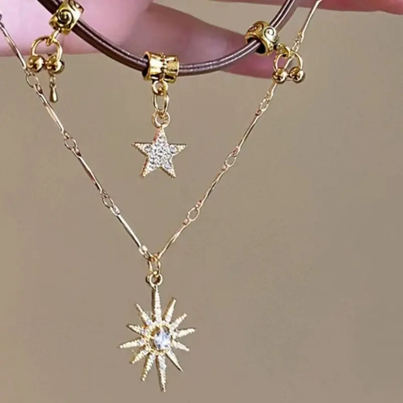 New Y2K Shiny Five-pointed StarStar Tassel Pendant Necklace for Women Fashion Jewelry Sunflower Brown Leather Necklace