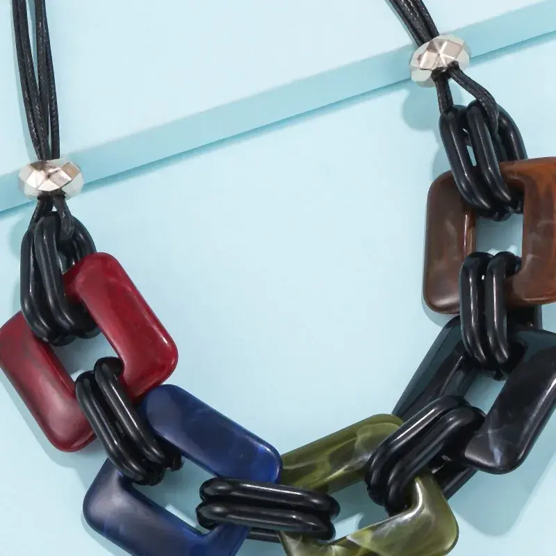 New Fashion Geometric Square Acrylic Sweater Chain Necklace, Leather Rope Women Trendy Jewelry
