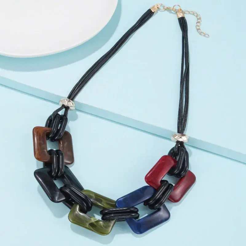 New Fashion Geometric Square Acrylic Sweater Chain Necklace, Leather Rope Women Trendy Jewelry