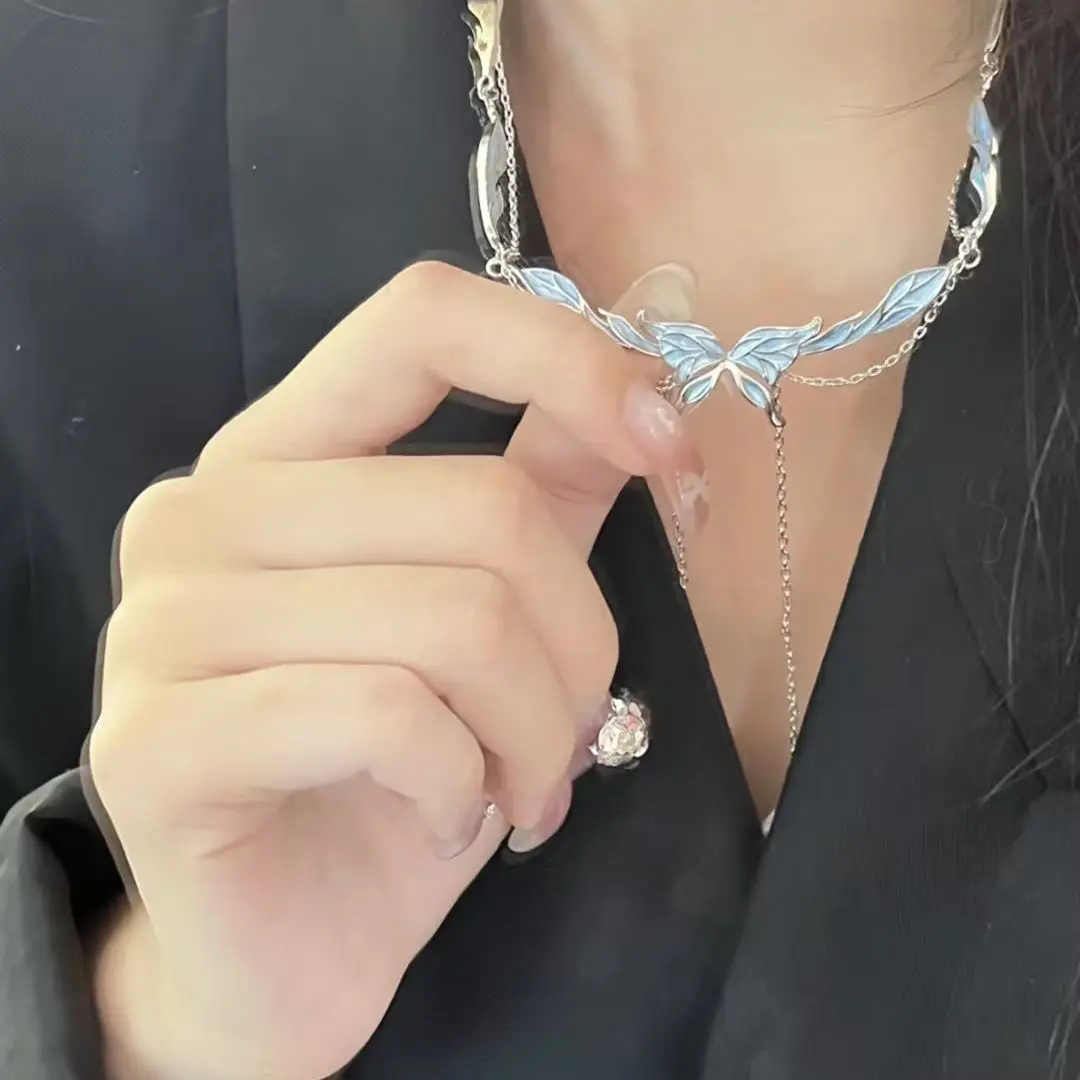 Fashion Zircon Butterfly Necklace Layer Blue Four-pointed Ins Style Light Luxury Clavicle Chain Women Girlfriend Jewelry Gift