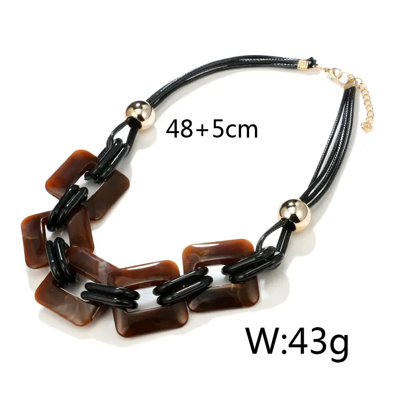 New Fashion Geometric Square Acrylic Sweater Chain Necklace, Leather Rope Women Trendy Jewelry