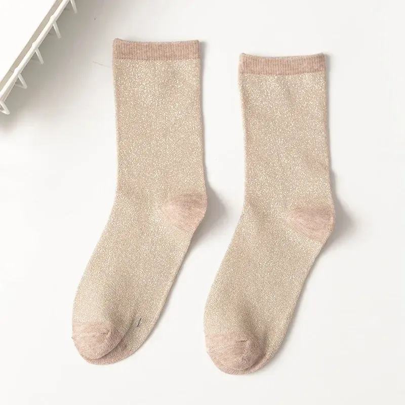 Korean Women's Style Gold and Silver Silk Material Women's Fashion Socks Solid Color Glitter Shiny High Elastic Fashionable Sock