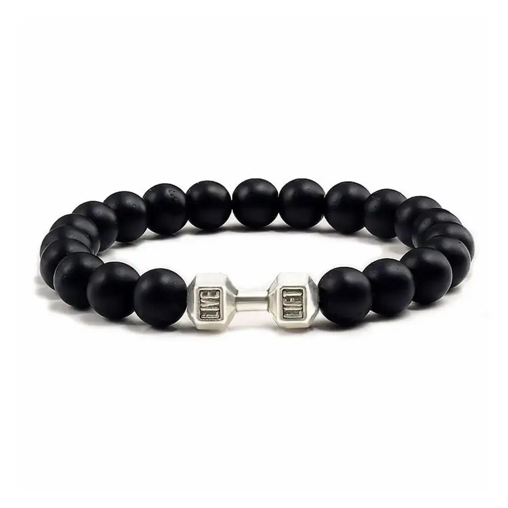 New Natural Black Volcanic Lava Stone Dumbbell Bracelet Black Matte Beads Bracelets Fitness Barbell Jewelry Pulseras for Women