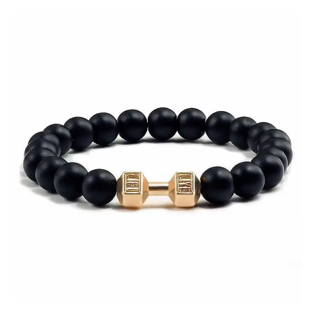 New Natural Black Volcanic Lava Stone Dumbbell Bracelet Black Matte Beads Bracelets Fitness Barbell Jewelry Pulseras for Women