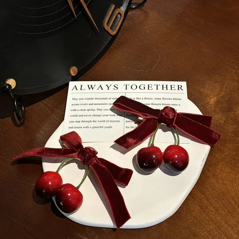 New Cute Cherry Red Bow Velvet Texture Elegant Hair Clip Fashionable Versatile Edge Hairpin Sweet Headwear Girl Hair Accessories