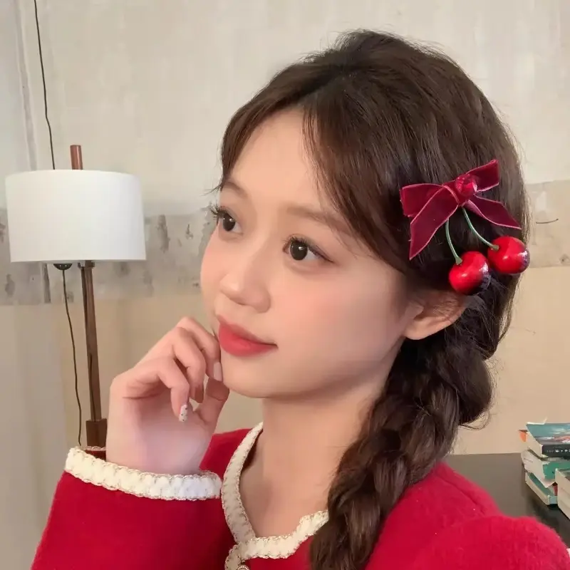 New Cute Cherry Red Bow Velvet Texture Elegant Hair Clip Fashionable Versatile Edge Hairpin Sweet Headwear Girl Hair Accessories