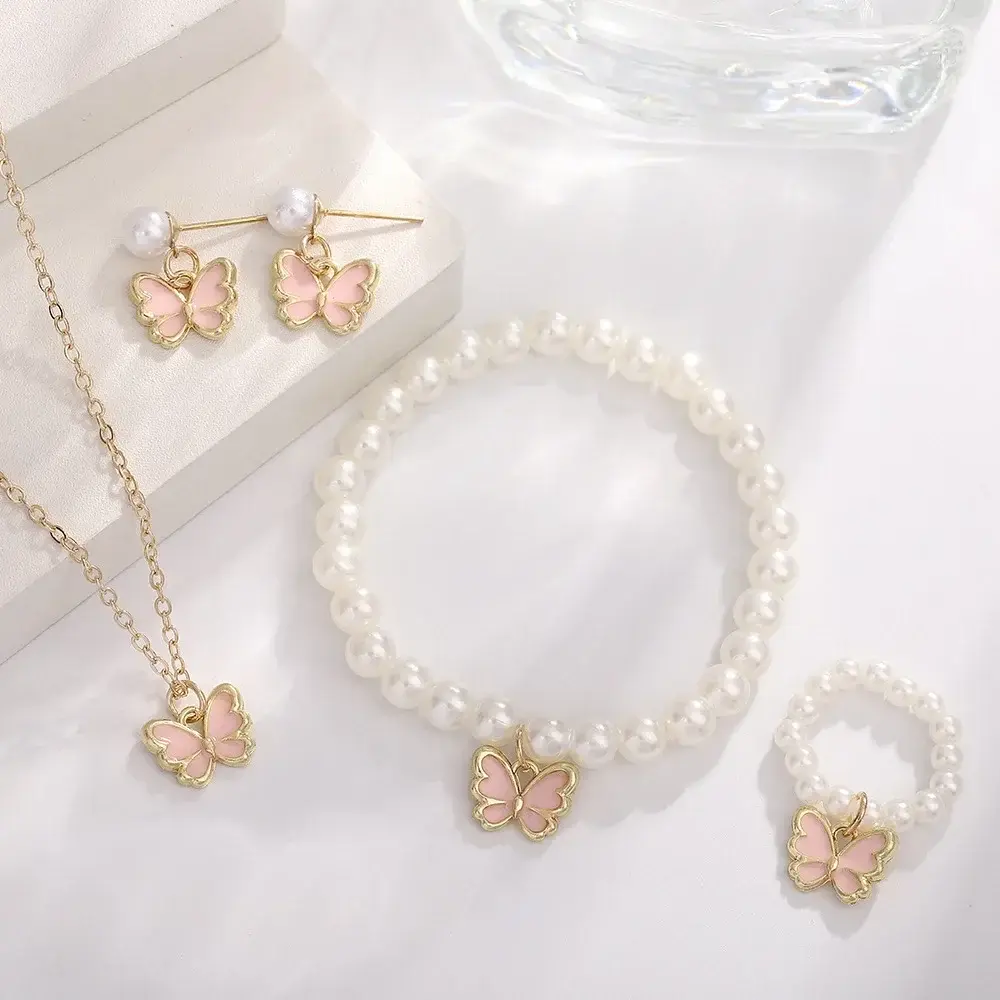 4pcs/Set Sweet Jewelry Set Butterfly Pendant Imitation Pearl Necklace Women Pearl Bracelet Earrings Girl Jewellery Women Gift