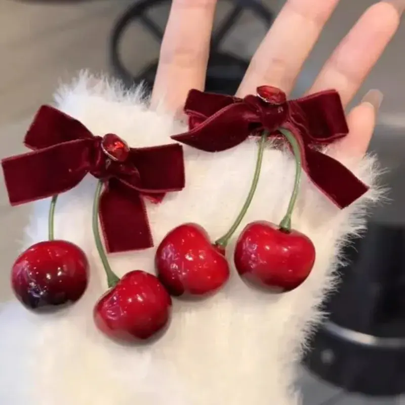 New Cute Cherry Red Bow Velvet Texture Elegant Hair Clip Fashionable Versatile Edge Hairpin Sweet Headwear Girl Hair Accessories