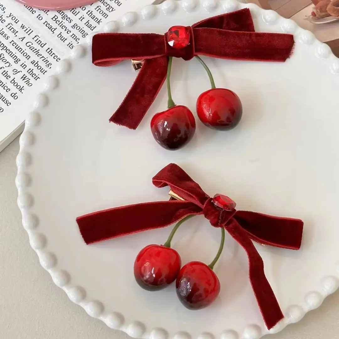 New Cute Cherry Red Bow Velvet Texture Elegant Hair Clip Fashionable Versatile Edge Hairpin Sweet Headwear Girl Hair Accessories