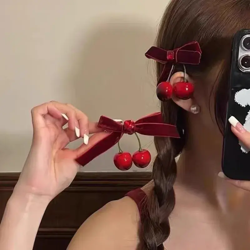 New Cute Cherry Red Bow Velvet Texture Elegant Hair Clip Fashionable Versatile Edge Hairpin Sweet Headwear Girl Hair Accessories