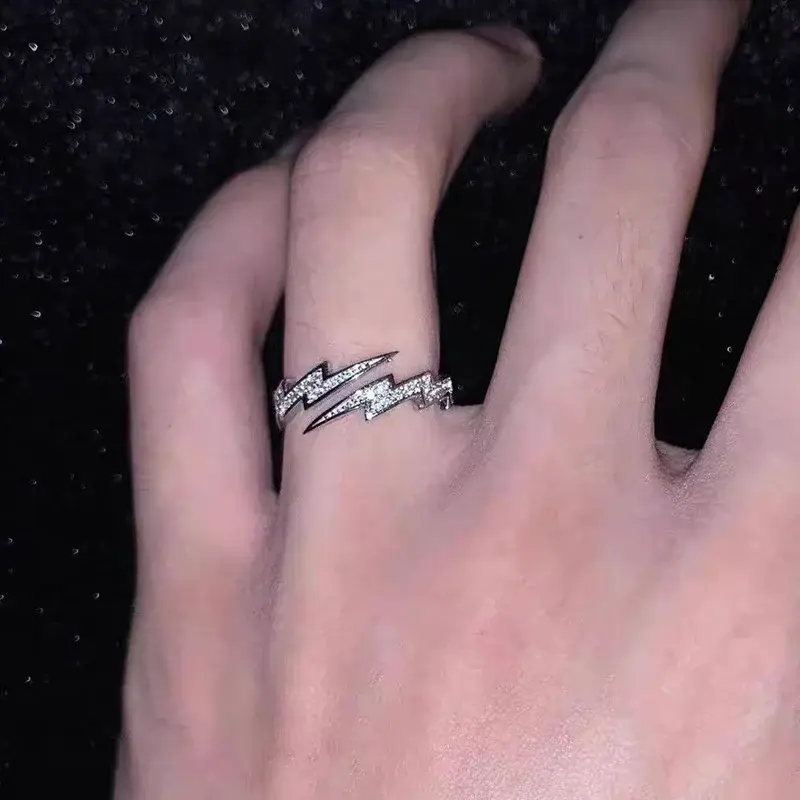 New Hip Hop Silver Color Lightning Open Rings for Women Men Trendy Irregular EKG Index Finger Ring Personality Jewelry Gift