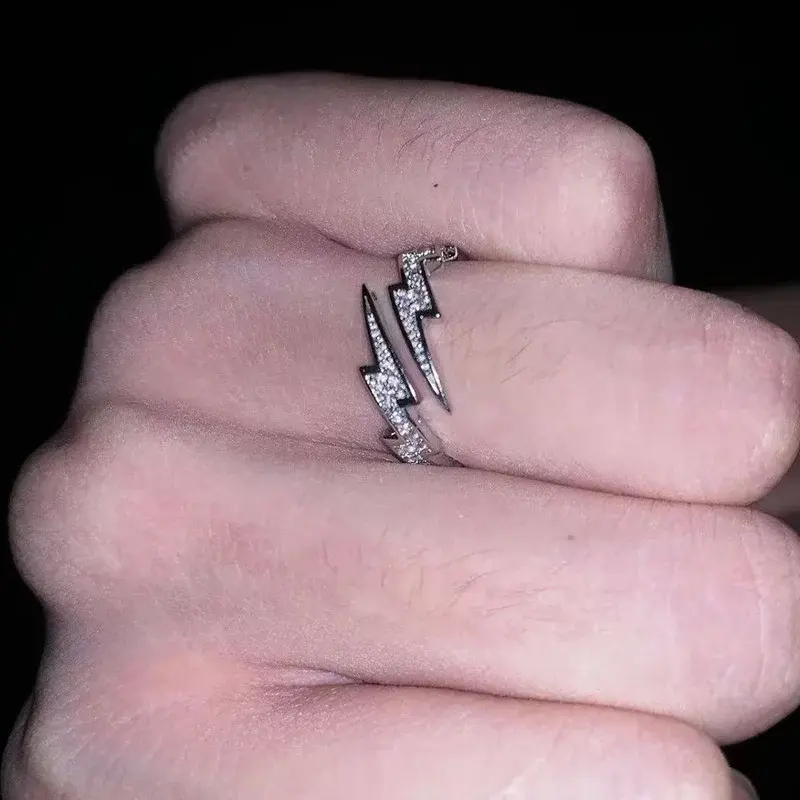 New Hip Hop Silver Color Lightning Open Rings for Women Men Trendy Irregular EKG Index Finger Ring Personality Jewelry Gift