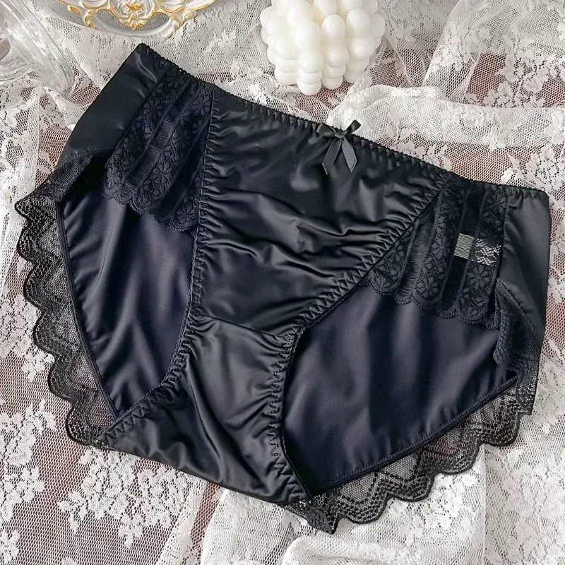Retro Lace Breathable Underwear Women Satin Traceless Ice Silk Panties Lady Breathable Sexy Pure Desire Panties Large Mid Waist