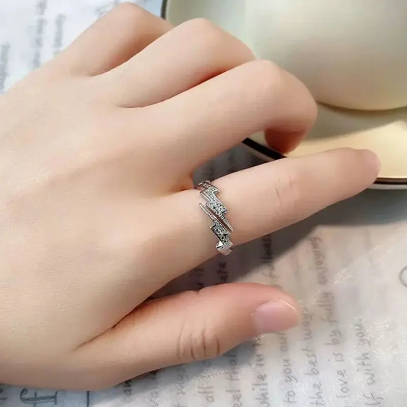 New Hip Hop Silver Color Lightning Open Rings for Women Men Trendy Irregular EKG Index Finger Ring Personality Jewelry Gift