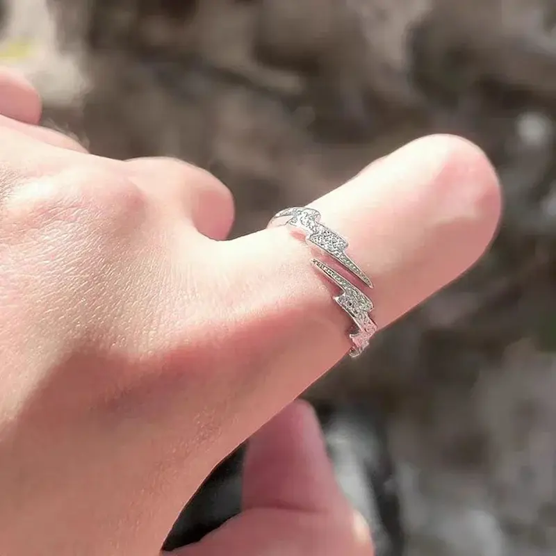 New Hip Hop Silver Color Lightning Open Rings for Women Men Trendy Irregular EKG Index Finger Ring Personality Jewelry Gift