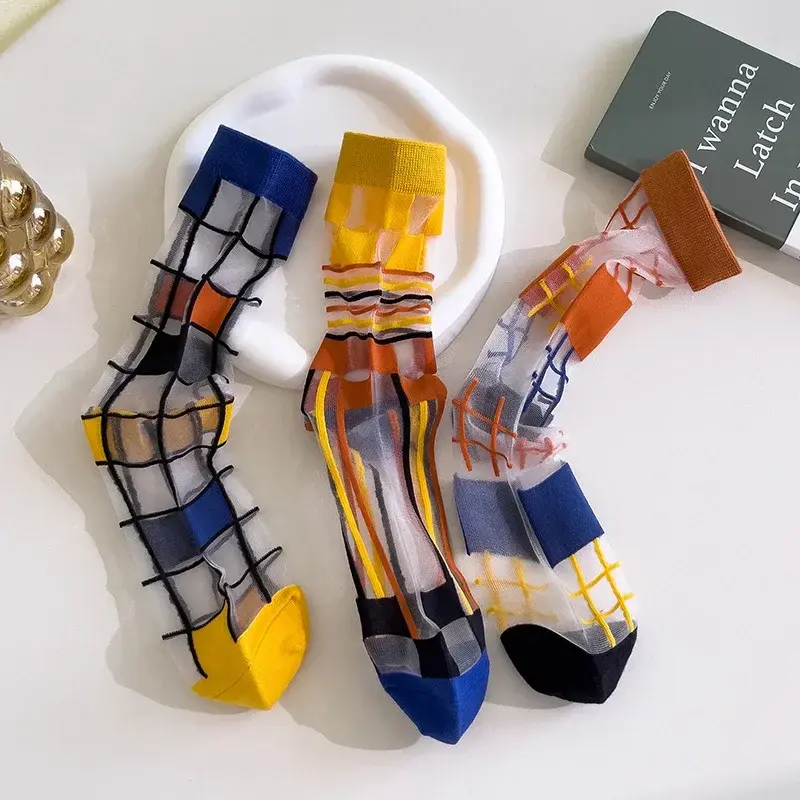 1Pair Colorful Plaid Crystal Silk Socks Fashion Summer Ultra-thin Transparent Nylon Long Socks Casual Striped Funny Socks Women
