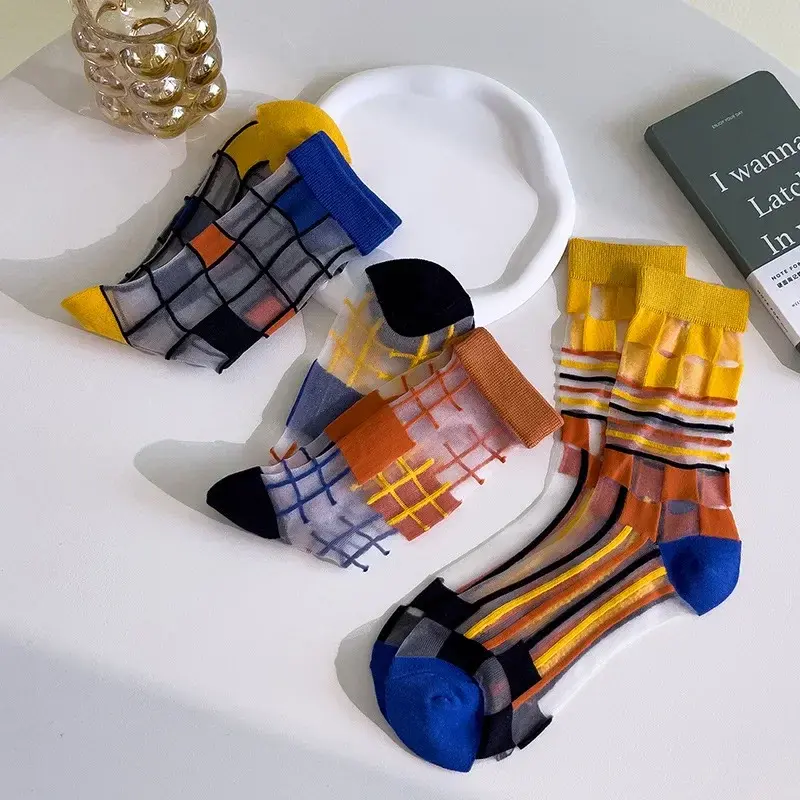 1Pair Colorful Plaid Crystal Silk Socks Fashion Summer Ultra-thin Transparent Nylon Long Socks Casual Striped Funny Socks Women