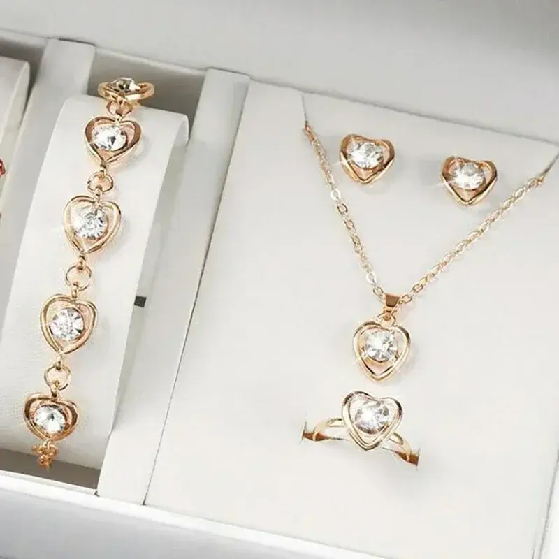 5PCS/Set New 5 Color Heart Shaped Jewelry Sets of Ring Earrings Necklace for Women Elegance Rhinestone Double Heart Jewelry