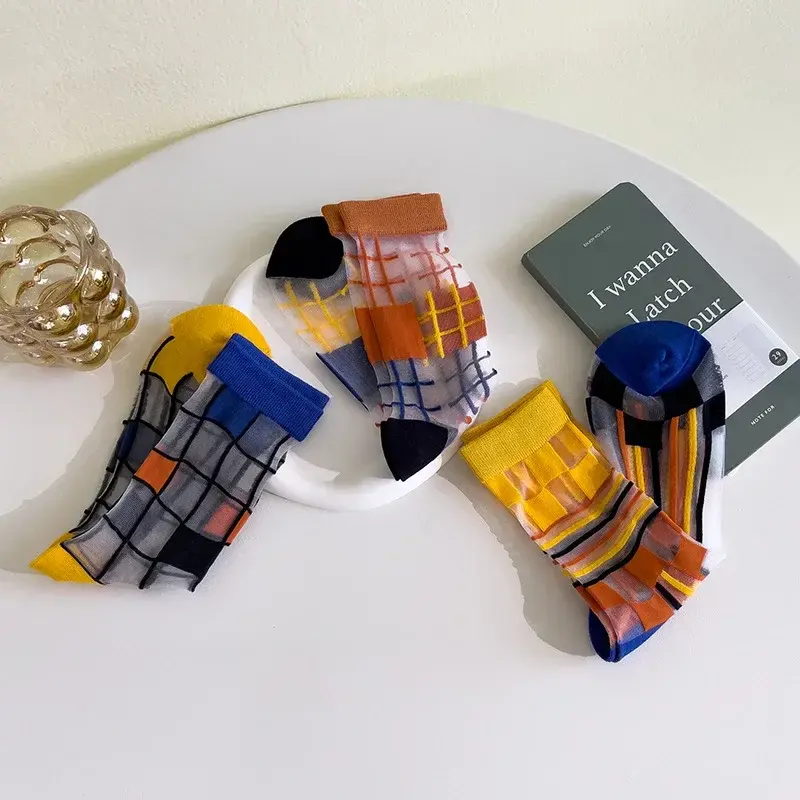 1Pair Colorful Plaid Crystal Silk Socks Fashion Summer Ultra-thin Transparent Nylon Long Socks Casual Striped Funny Socks Women