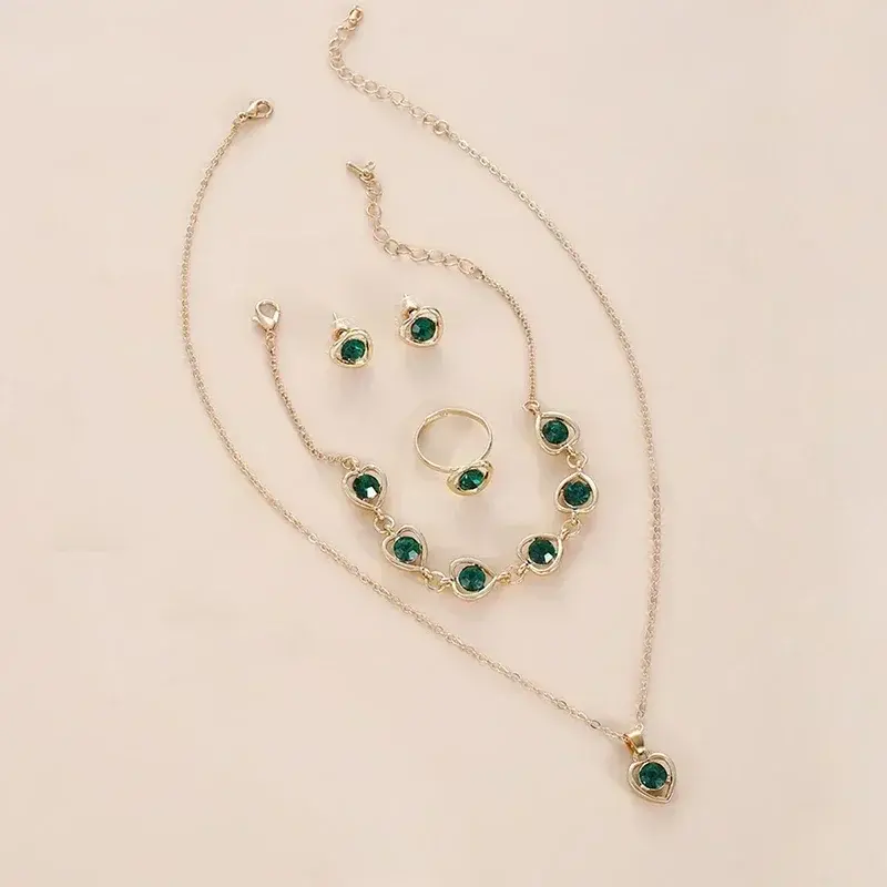 5PCS/Set New 5 Color Heart Shaped Jewelry Sets of Ring Earrings Necklace for Women Elegance Rhinestone Double Heart Jewelry