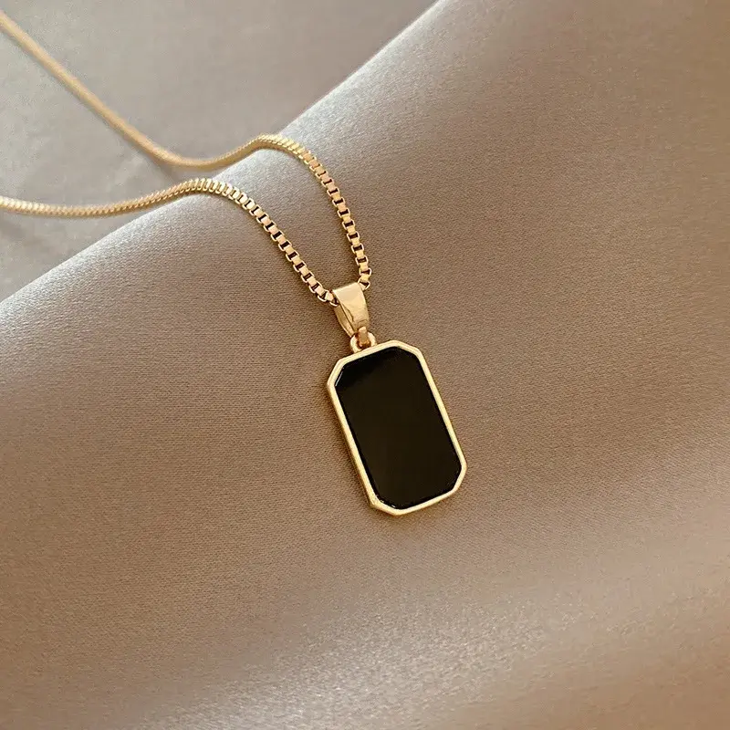 High Quality Stainless Steel Minimalist Rectangular Pendant Korean Black Epoxy Women's Gold Necklace Exquisite Long Jewelry Gift