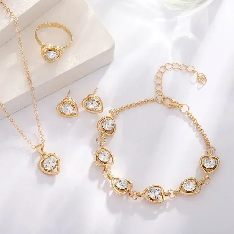 5PCS/Set New 5 Color Heart Shaped Jewelry Sets of Ring Earrings Necklace for Women Elegance Rhinestone Double Heart Jewelry