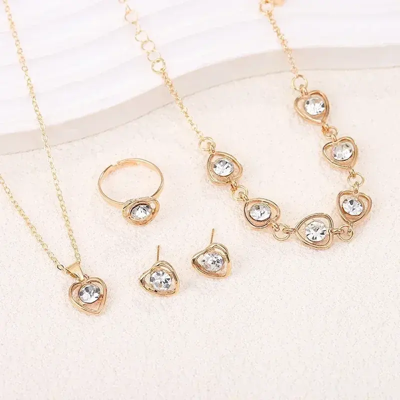 5PCS/Set New 5 Color Heart Shaped Jewelry Sets of Ring Earrings Necklace for Women Elegance Rhinestone Double Heart Jewelry
