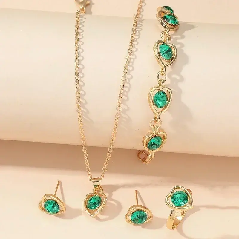 5PCS/Set New 5 Color Heart Shaped Jewelry Sets of Ring Earrings Necklace for Women Elegance Rhinestone Double Heart Jewelry