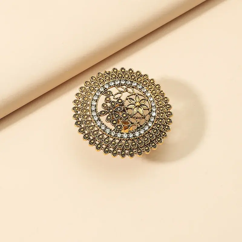 Engraved Flower Pattern Retro Party Female Finger Ring Vintage Antique Big Gold Color Women-Midi-Rings Stylish Indian Jewelry