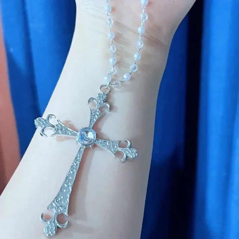 Fashion Women's Gothic Pearl Cross Necklace Fashionable Gothic Retro Jewelry Neck Chain Cross Pendant Necklace Party Jewelry