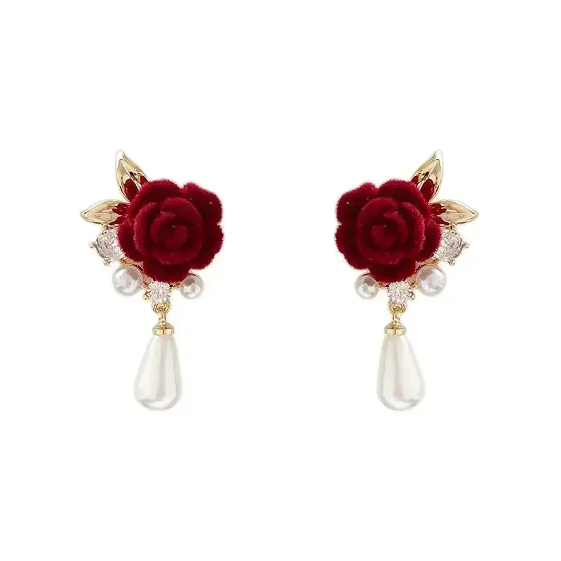 Wine Red Velvet Rose Pearl Earrings Women Luxury Vintage Red Rose Elegant High-end Studs Fashion Earrings Jewelry Accessories