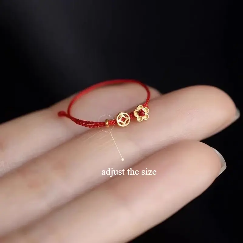 Fashion Adjustable Woven Hand Woven Rope Rings Lovely Gold Color Flower Coin Wealth Simple Rings Lucky Women Finger Jewelry