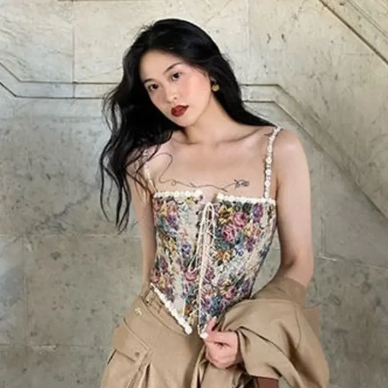 Women Print Halter Tops Chic Bandage Retro Floral Corset Shirts Elegant Designer French Vintage Sexy Style Party Club Ladies Top