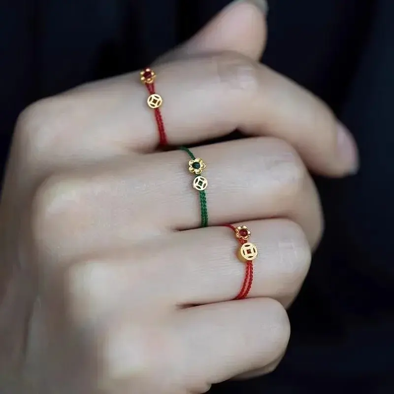 Fashion Adjustable Woven Hand Woven Rope Rings Lovely Gold Color Flower Coin Wealth Simple Rings Lucky Women Finger Jewelry