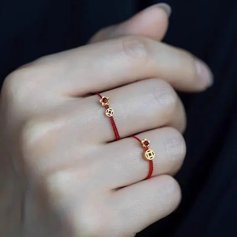 Fashion Adjustable Woven Hand Woven Rope Rings Lovely Gold Color Flower Coin Wealth Simple Rings Lucky Women Finger Jewelry