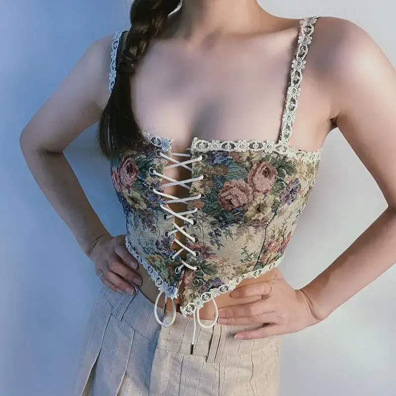 Women Print Halter Tops Chic Bandage Retro Floral Corset Shirts Elegant Designer French Vintage Sexy Style Party Club Ladies Top