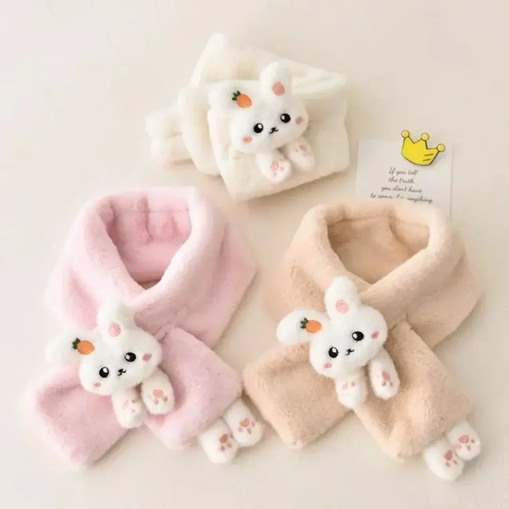 New Boys Girls Winter Scarfs Thick Plush Cross Children's Scarf Baby Bib Cute Cartoon Rabbit Faux Fur Neck Protection Warm Shawl
