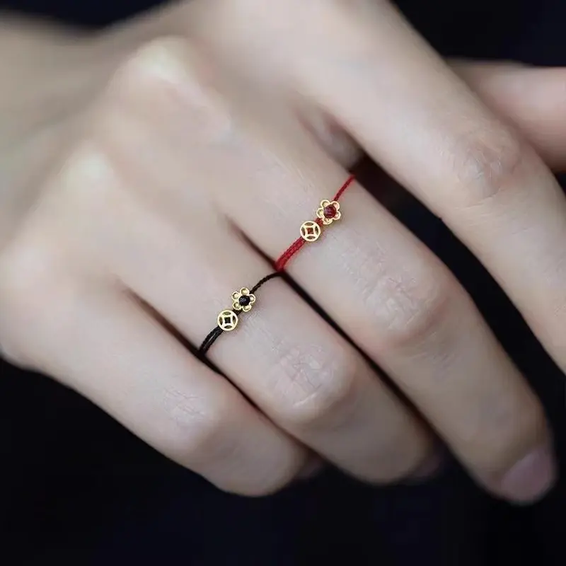Fashion Adjustable Woven Hand Woven Rope Rings Lovely Gold Color Flower Coin Wealth Simple Rings Lucky Women Finger Jewelry