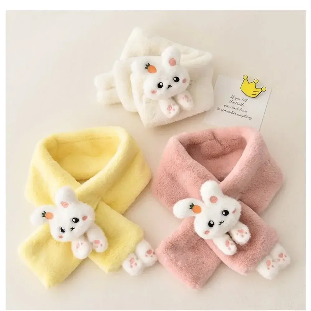 New Boys Girls Winter Scarfs Thick Plush Cross Children's Scarf Baby Bib Cute Cartoon Rabbit Faux Fur Neck Protection Warm Shawl