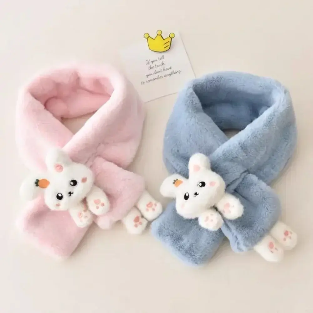 New Boys Girls Winter Scarfs Thick Plush Cross Children's Scarf Baby Bib Cute Cartoon Rabbit Faux Fur Neck Protection Warm Shawl