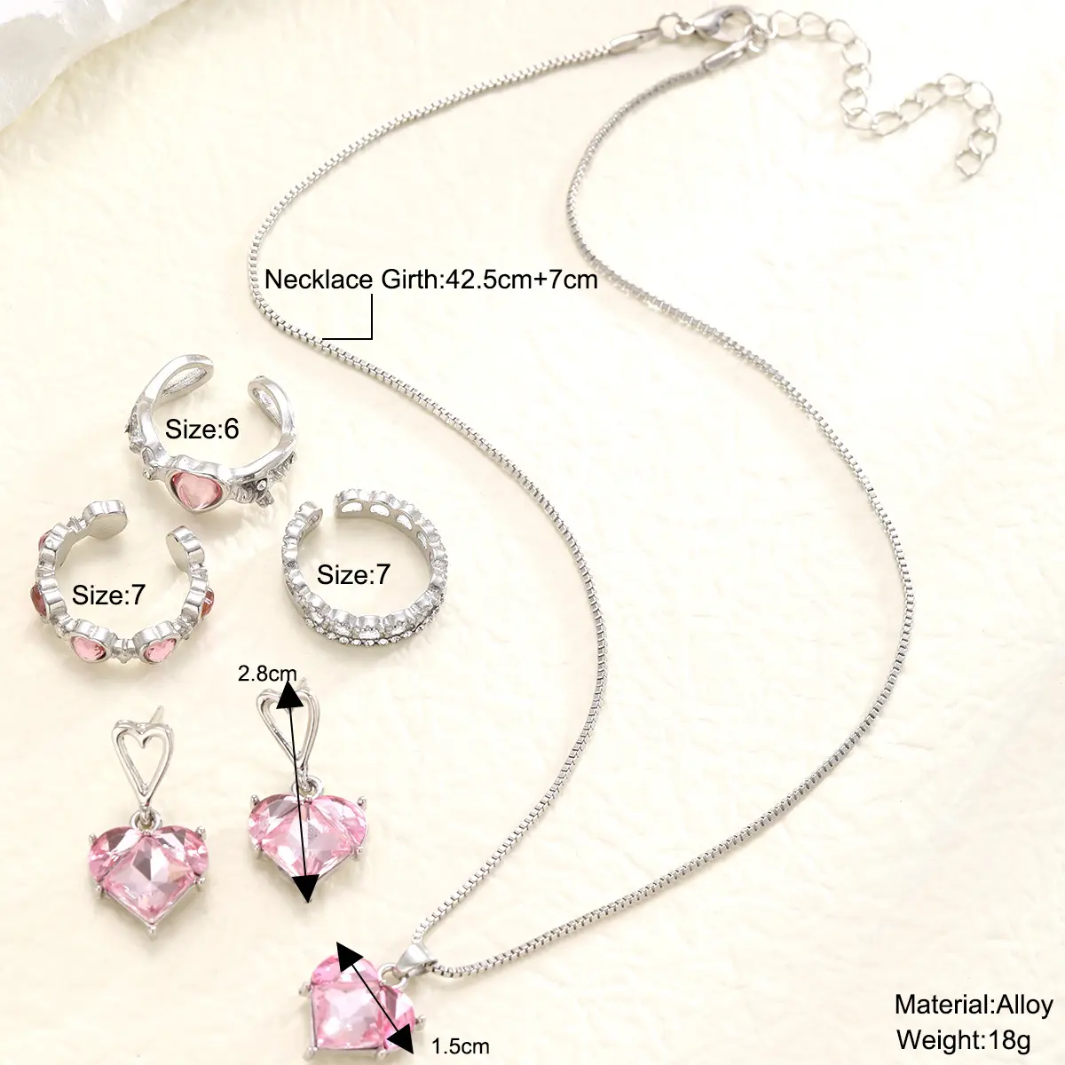 5pcs/set New Love Pink Fashion Sweet Earrings Necklaces Rings Jewelry Set Lightweight and Versatile for Women Mother's Day Gift