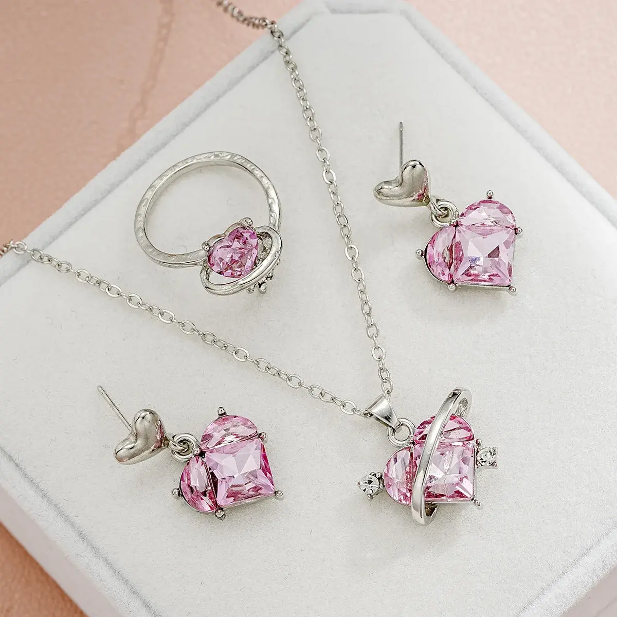 5pcs/set New Love Pink Fashion Sweet Earrings Necklaces Rings Jewelry Set Lightweight and Versatile for Women Mother's Day Gift