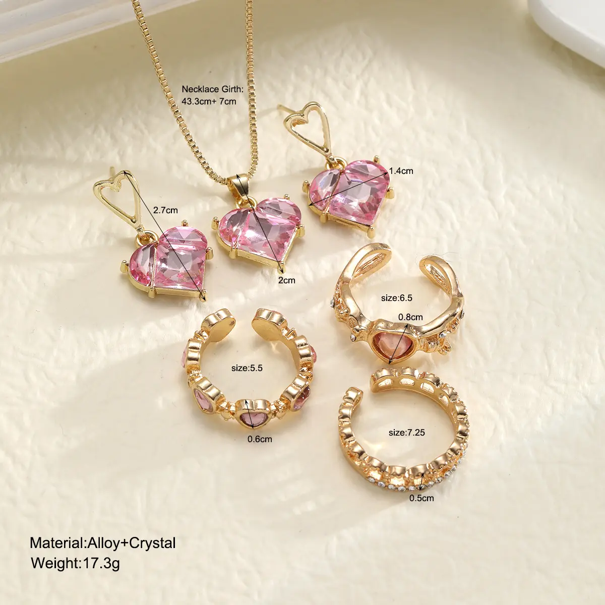 5pcs/set New Love Pink Fashion Sweet Earrings Necklaces Rings Jewelry Set Lightweight and Versatile for Women Mother's Day Gift