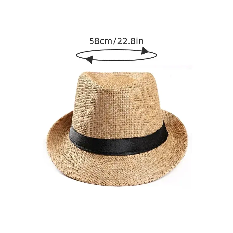 Fashion Men Straw Hat for Women Summer Trendy Beach Sun Hats Solid Color Fedoras Ribbon Casual Cowboy Jazz Cap Gangster Cap Male