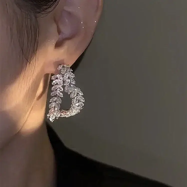 New Design Luxury Zircon Earrings for Women Fashion Big Heart Wedding Earring Double Used Crystal Leaves Earrings Jewelry Party