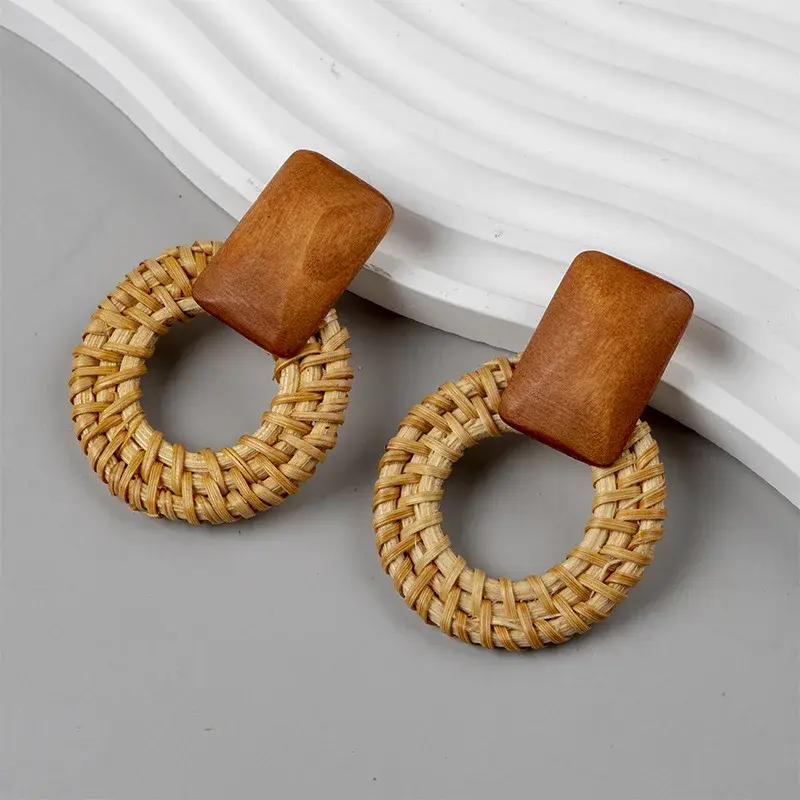 1pair Fashion Bamboo Wooden Straw Weave Rattan Knit Vine Geometric Round Triangle Long Earrings Bohemian for Women Party Jewelry