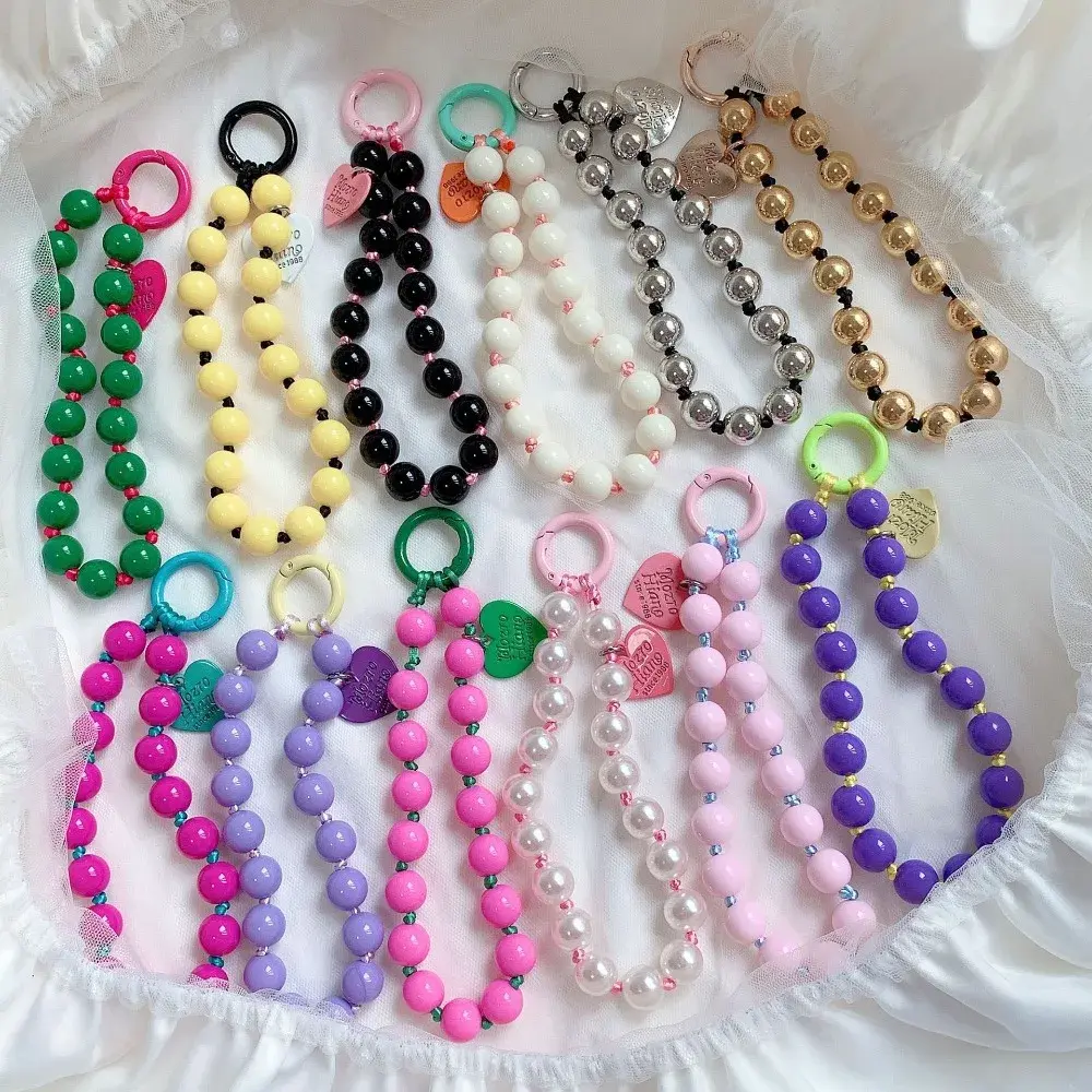 Korean Key Chain Cute Love Heart Beaded Colorful Sweet Phone Bracelet Women Accessories Anti-Lost Chain Lanyard Hanging Cord