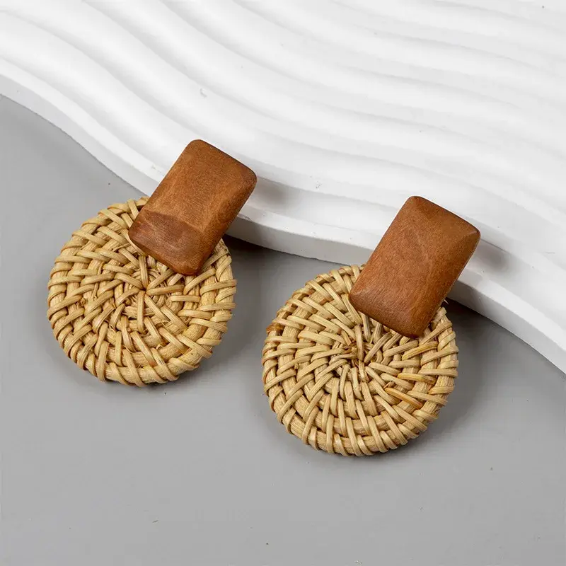 1pair Fashion Bamboo Wooden Straw Weave Rattan Knit Vine Geometric Round Triangle Long Earrings Bohemian for Women Party Jewelry