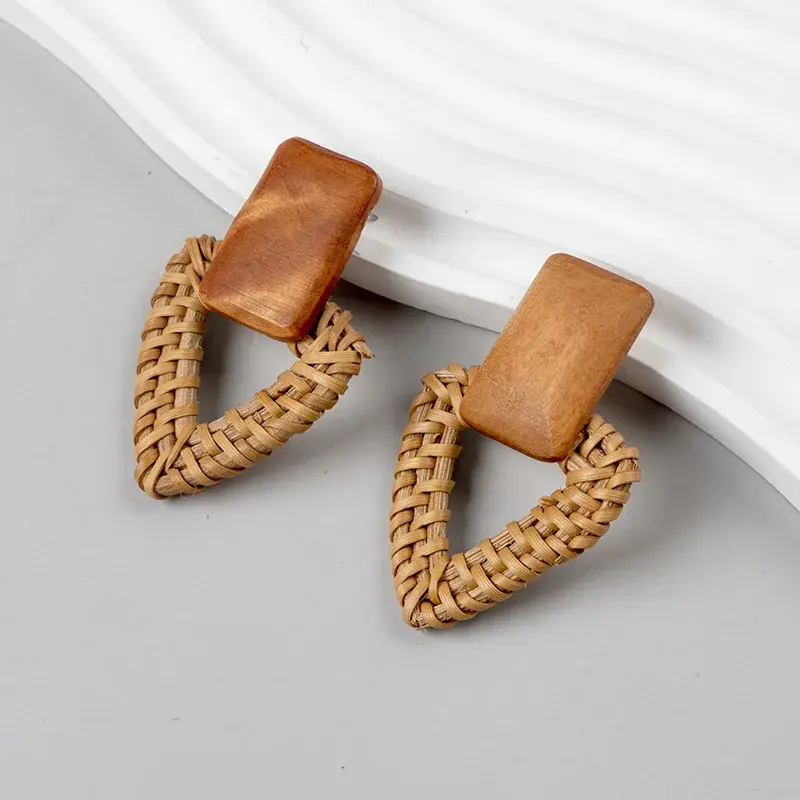 1pair Fashion Bamboo Wooden Straw Weave Rattan Knit Vine Geometric Round Triangle Long Earrings Bohemian for Women Party Jewelry