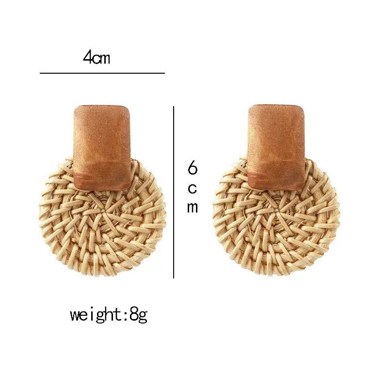 1pair Fashion Bamboo Wooden Straw Weave Rattan Knit Vine Geometric Round Triangle Long Earrings Bohemian for Women Party Jewelry